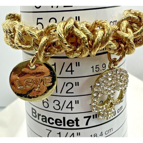 Skull Love Charm Bracelet Stretch Chunky Links Gold Tone Small Rhinestones - Picture 6 of 6